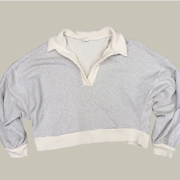 By Together Tops - By Together Striped Collared Sweatshirt Cropped V-Neck Size M Coastal Pullover